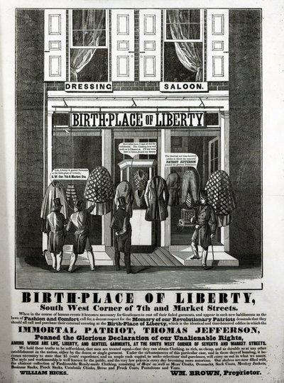 Geburtsort des Liberty Dressing Saloon, Südwest-Ecke der 7th und Market Streets... in dem der unsterbliche Patriot, Thomas Jefferson, die glorreiche Erklärung unserer unveräußerlichen Rechte verfasste.... von American School
